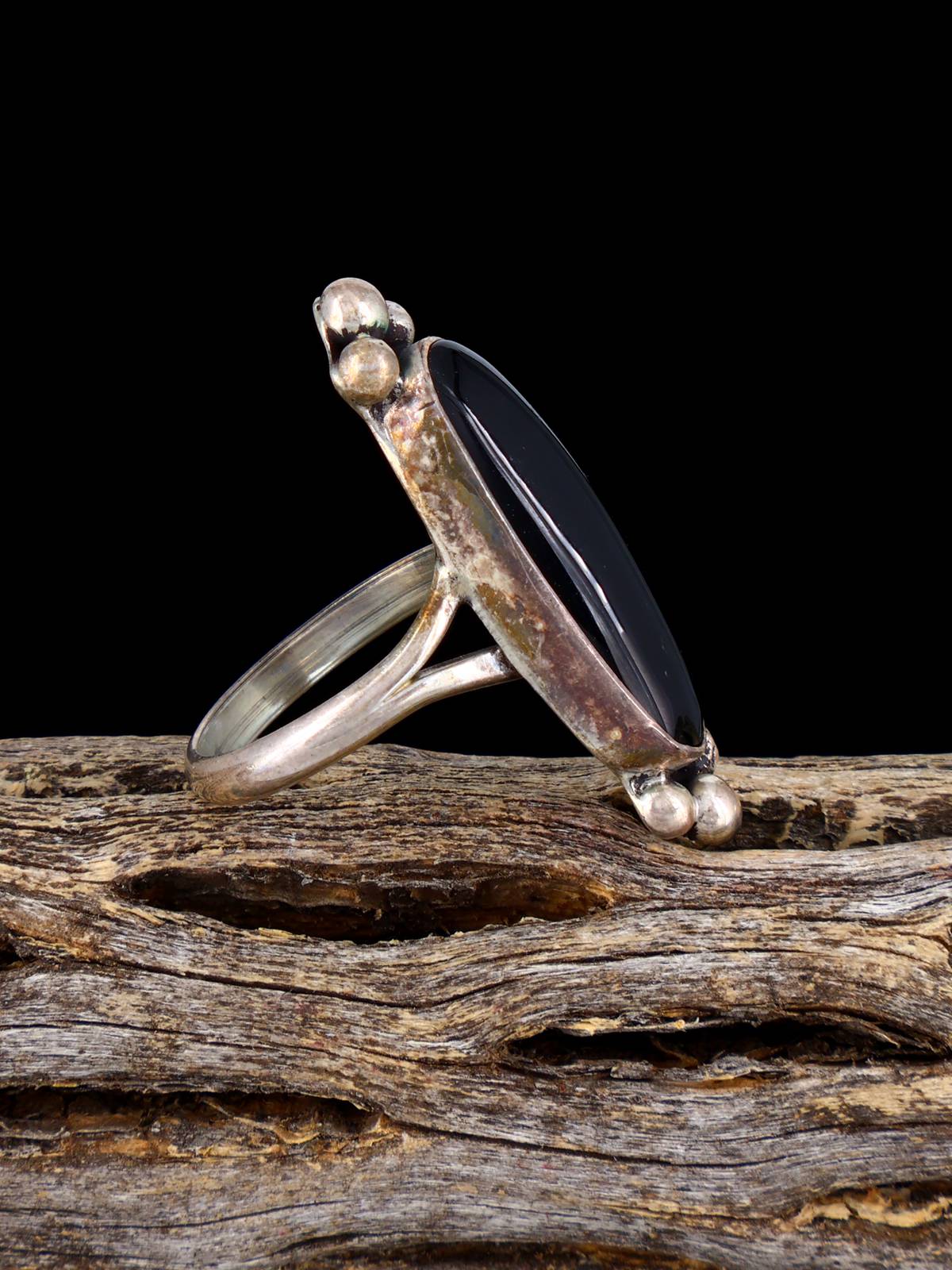 Estate Sterling Silver Jet Ring, Size 5 3/4
