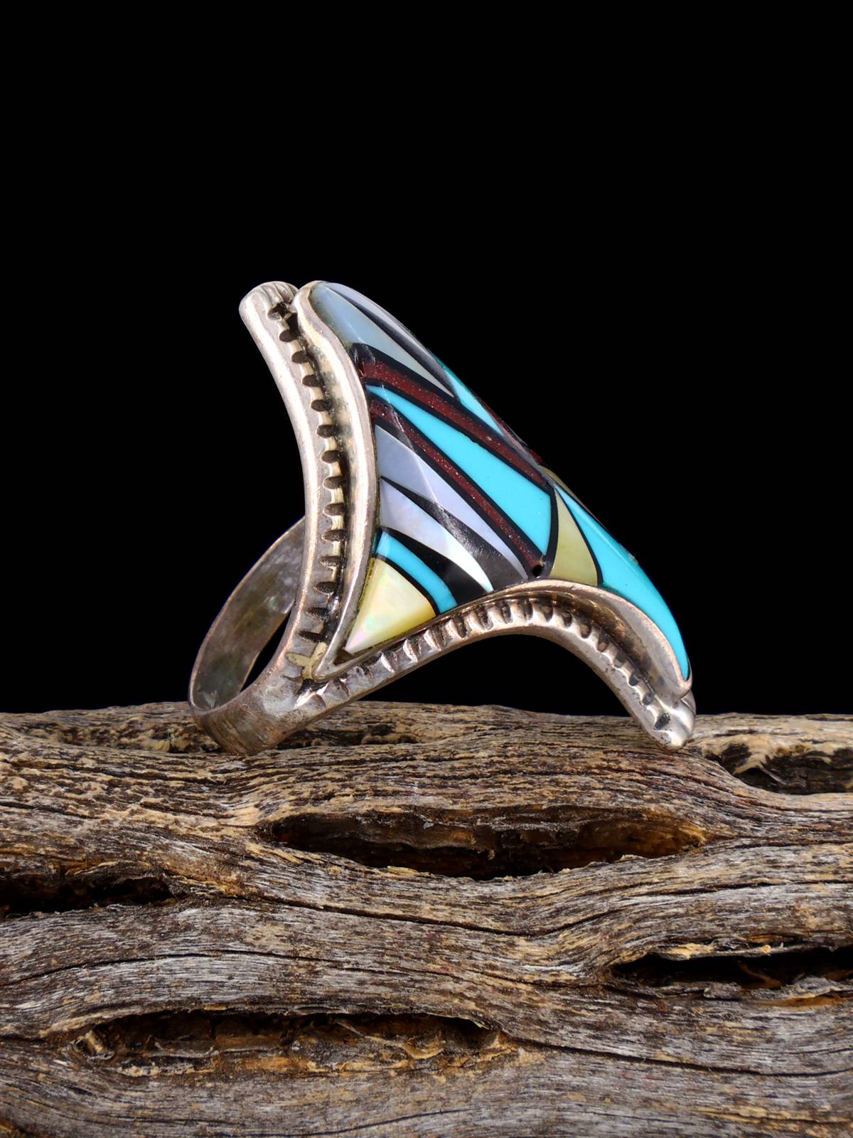 Old Estate Native Sterling Silver Multistone Zuni Inlay Ring, Size 6 - PuebloDirect.com
