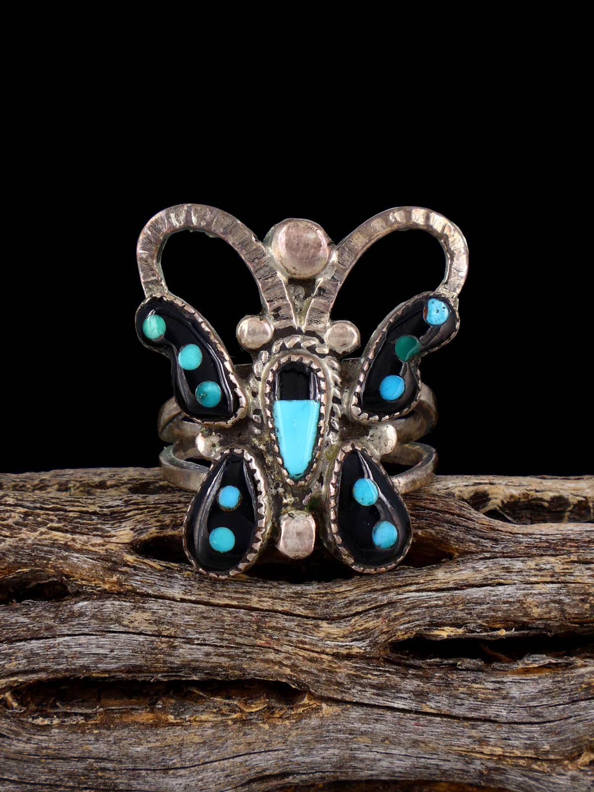 Old Estate Native Sterling Silver Jet and Turquoise Zuni Inlay Butterfly Ring, Size 7 1/2 - PuebloDirect.com