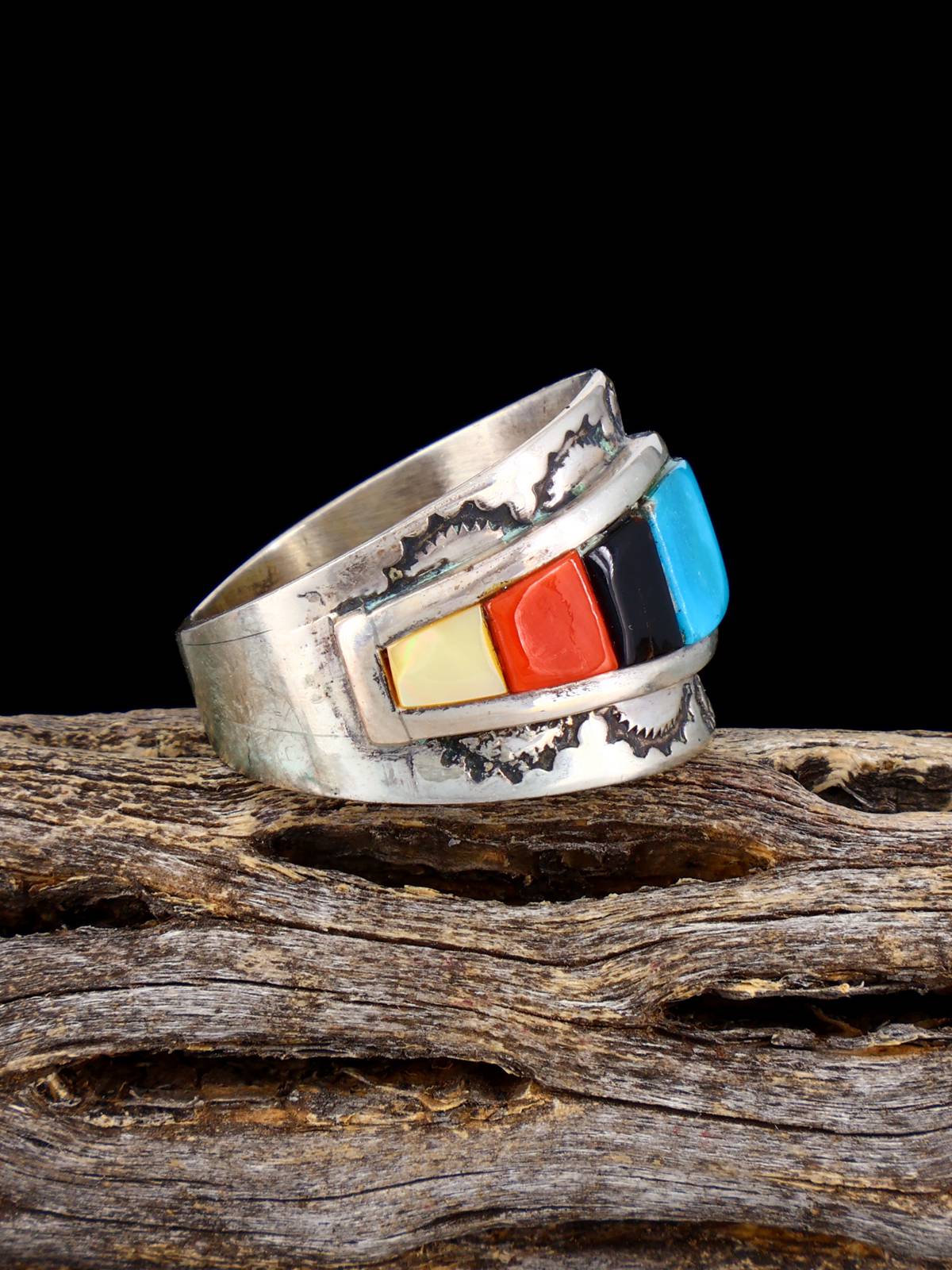 Old Native Sterling Silver Multistone Inlay Ring, Size 9 1/2 - PuebloDirect.com