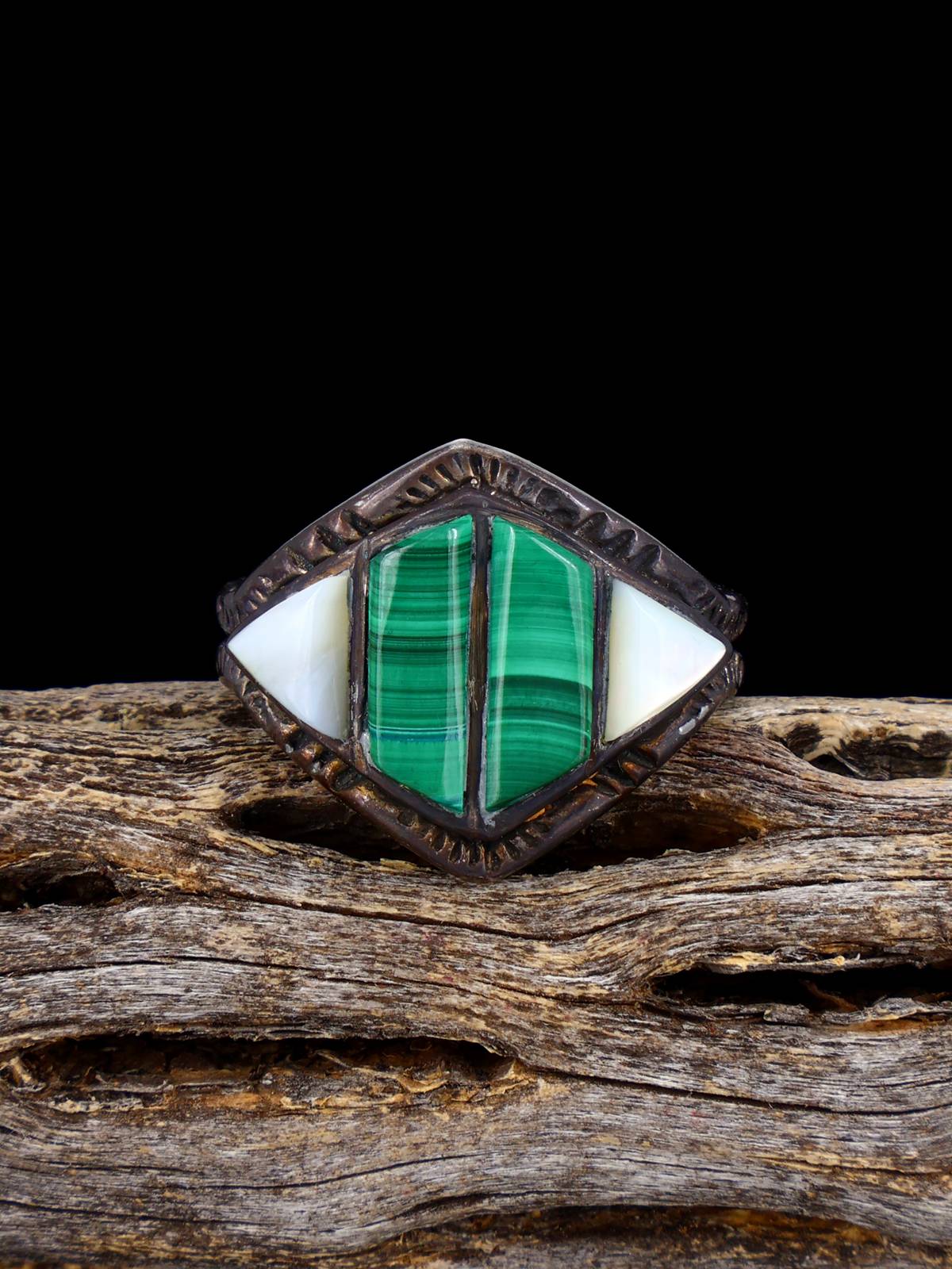 Estate Native Sterling Silver Malachite and Mother of Pearl Inlay Ring, Size 10 - PuebloDirect.com
