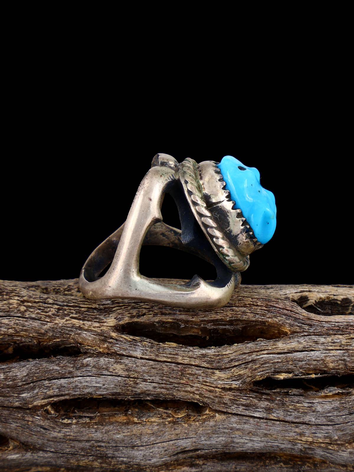 Vintage Native American Turquoise Carved Frog Sterling Silver Ring, Size 6 1/4