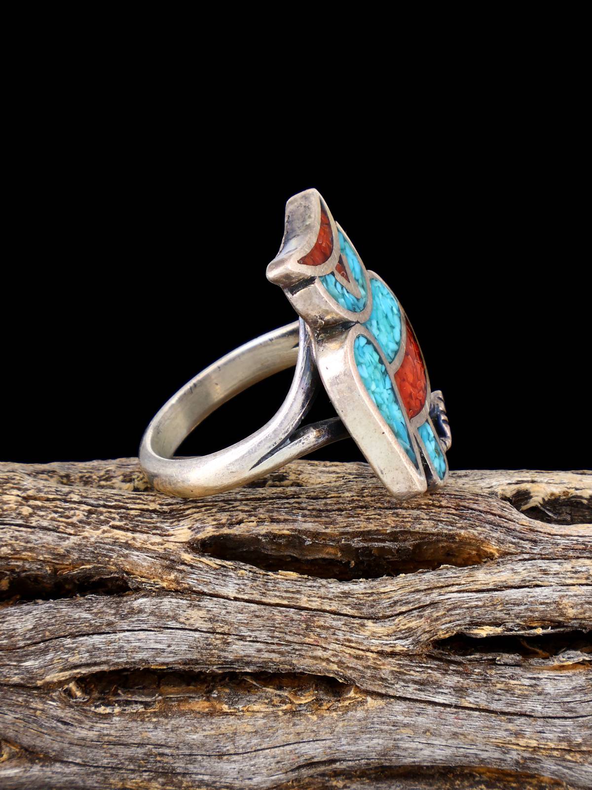 Old Native Coral and Turquoise Chip Inlay Owl Sterling Silver Ring, Size 5 - PuebloDirect.com