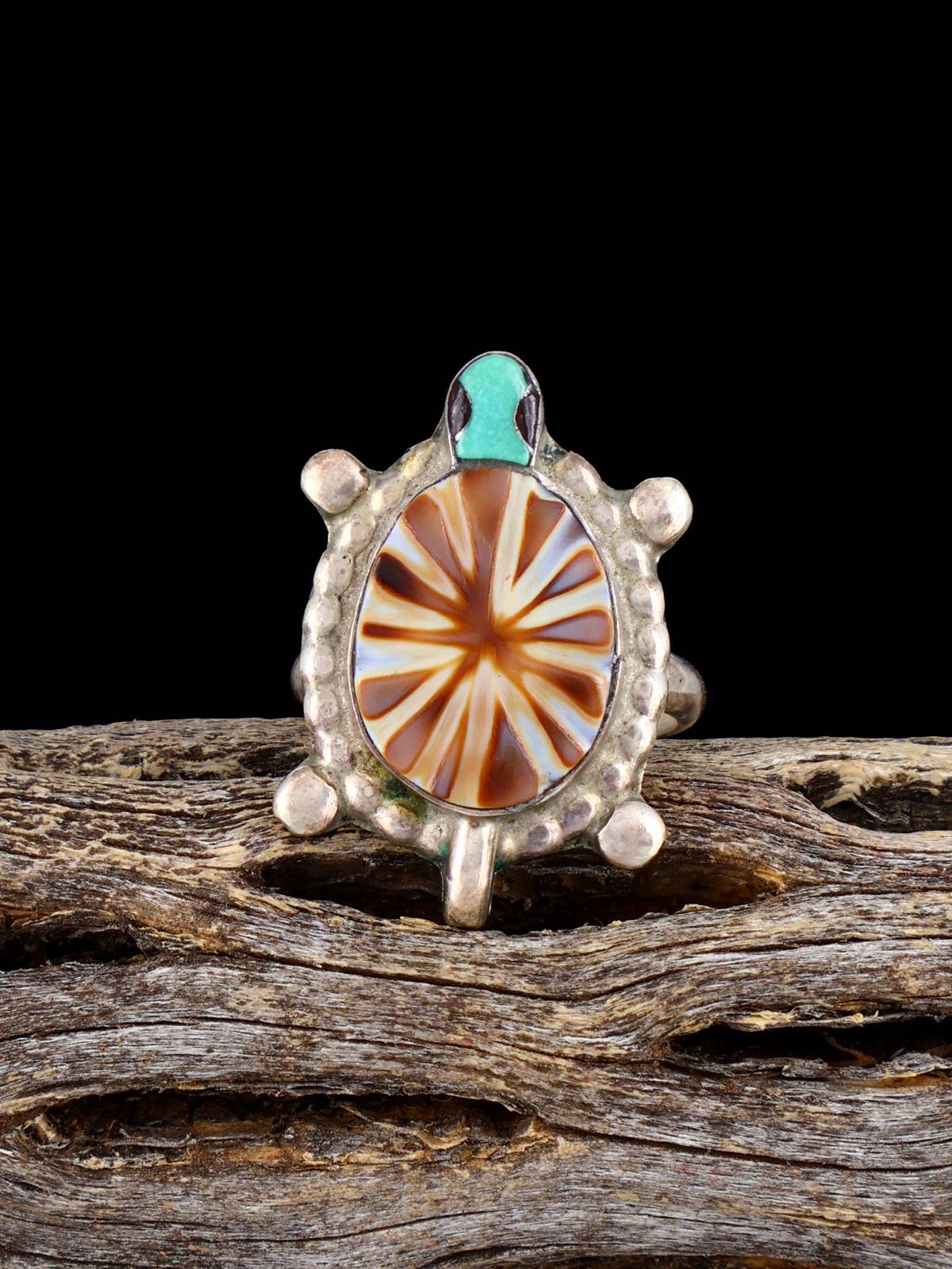 Vintage Native Sterling Silver Multistone Inlay Turtle Ring, Size 4 3/4 - PuebloDirect.com