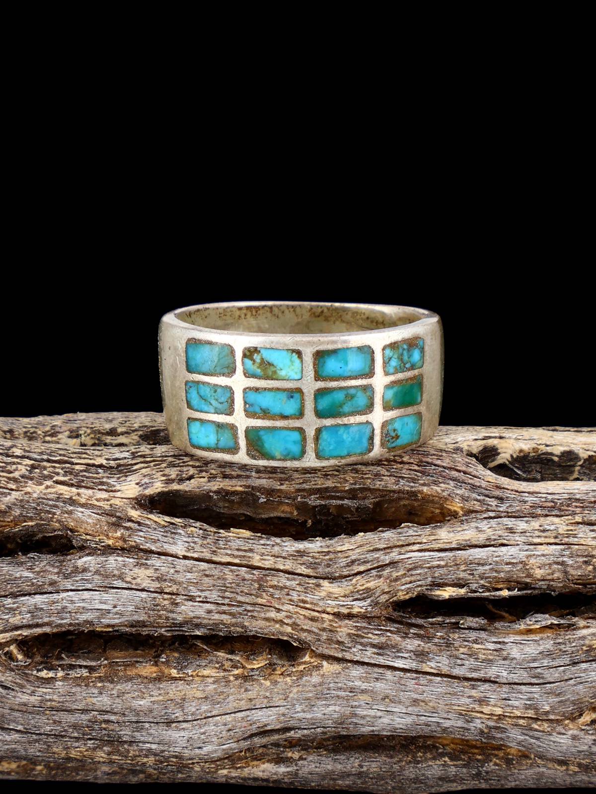 Estate Native Turquoise Inlay Sterling Silver Ring, Size 7 - PuebloDirect.com