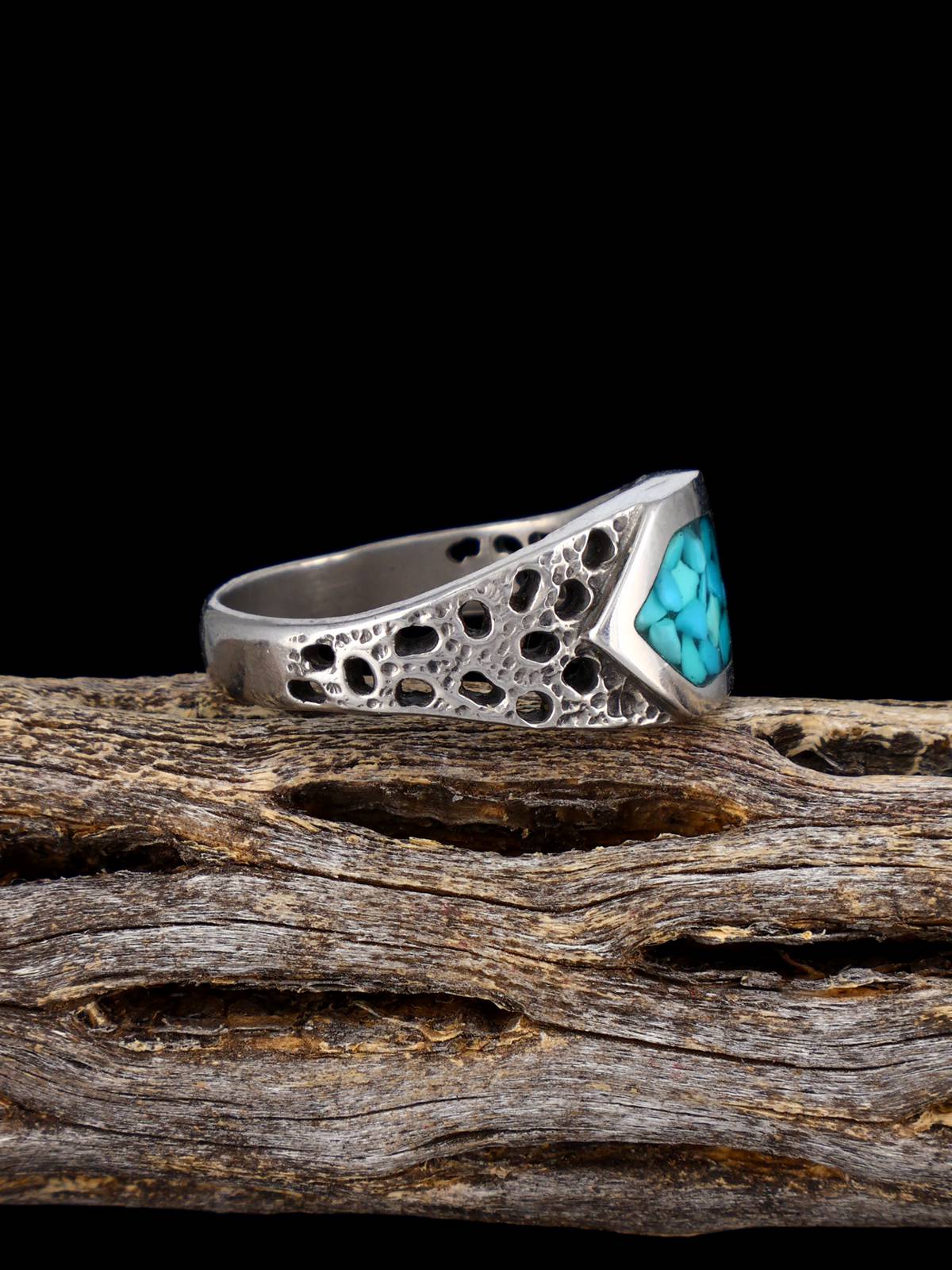 Estate Native Turquoise Chip Inlay Sterling Silver Ring, Size 10 - PuebloDirect.com