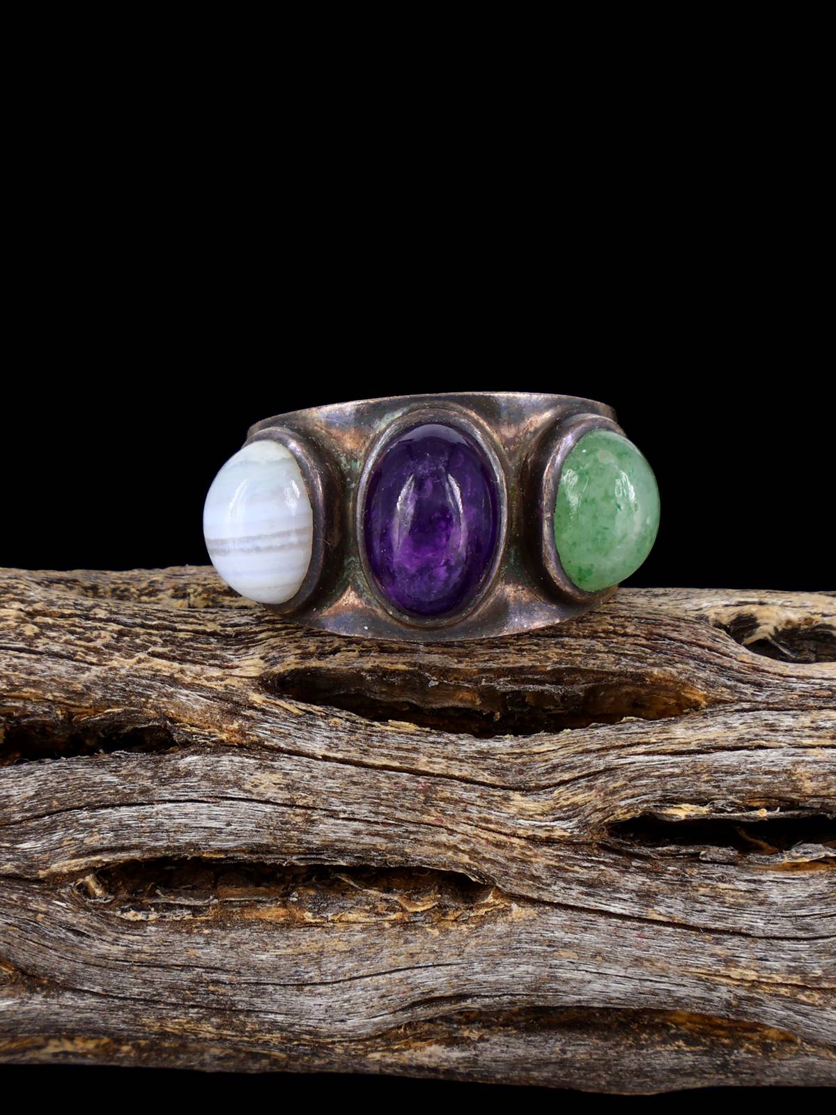 Old Estate Sterling Silver Agate, Amethyst and Jadeite Ring, Size 7
