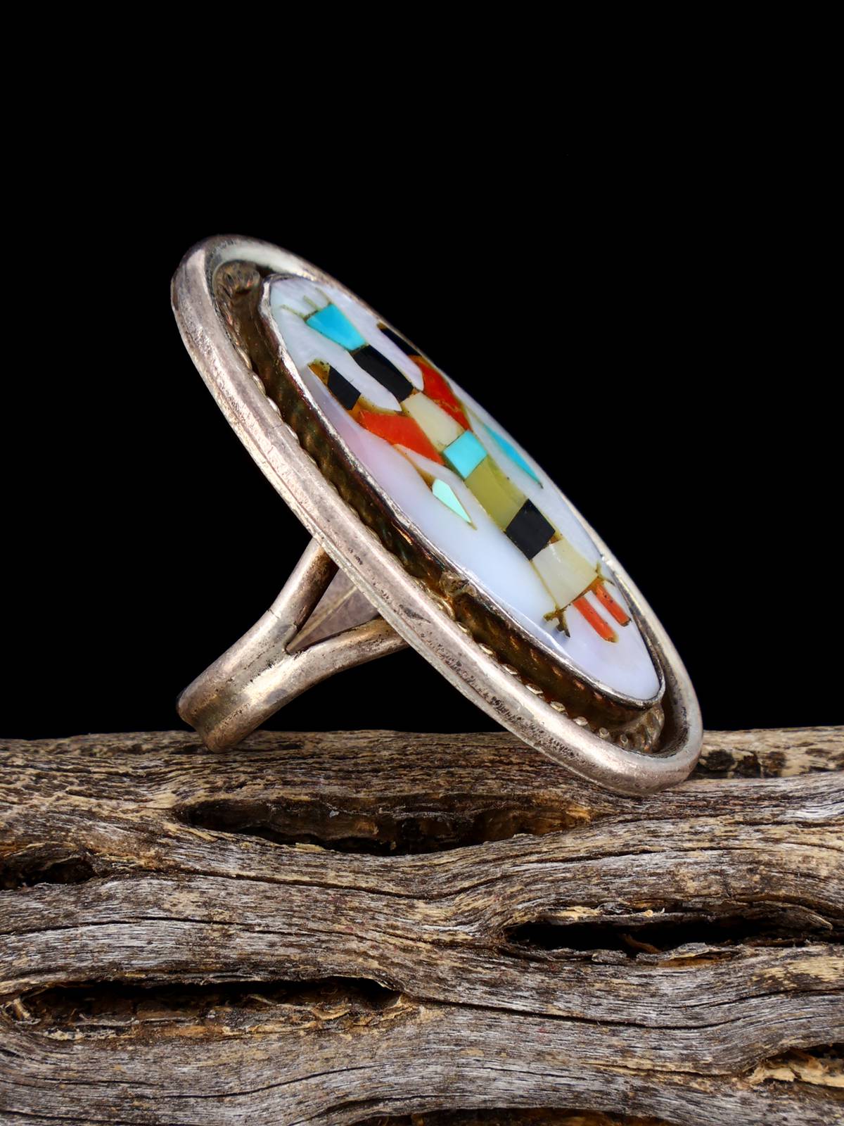Vintage Native Sterling Silver Multistone Navajo Inlay Ghan Dancer Ring, Size 6 1/2 - PuebloDirect.com