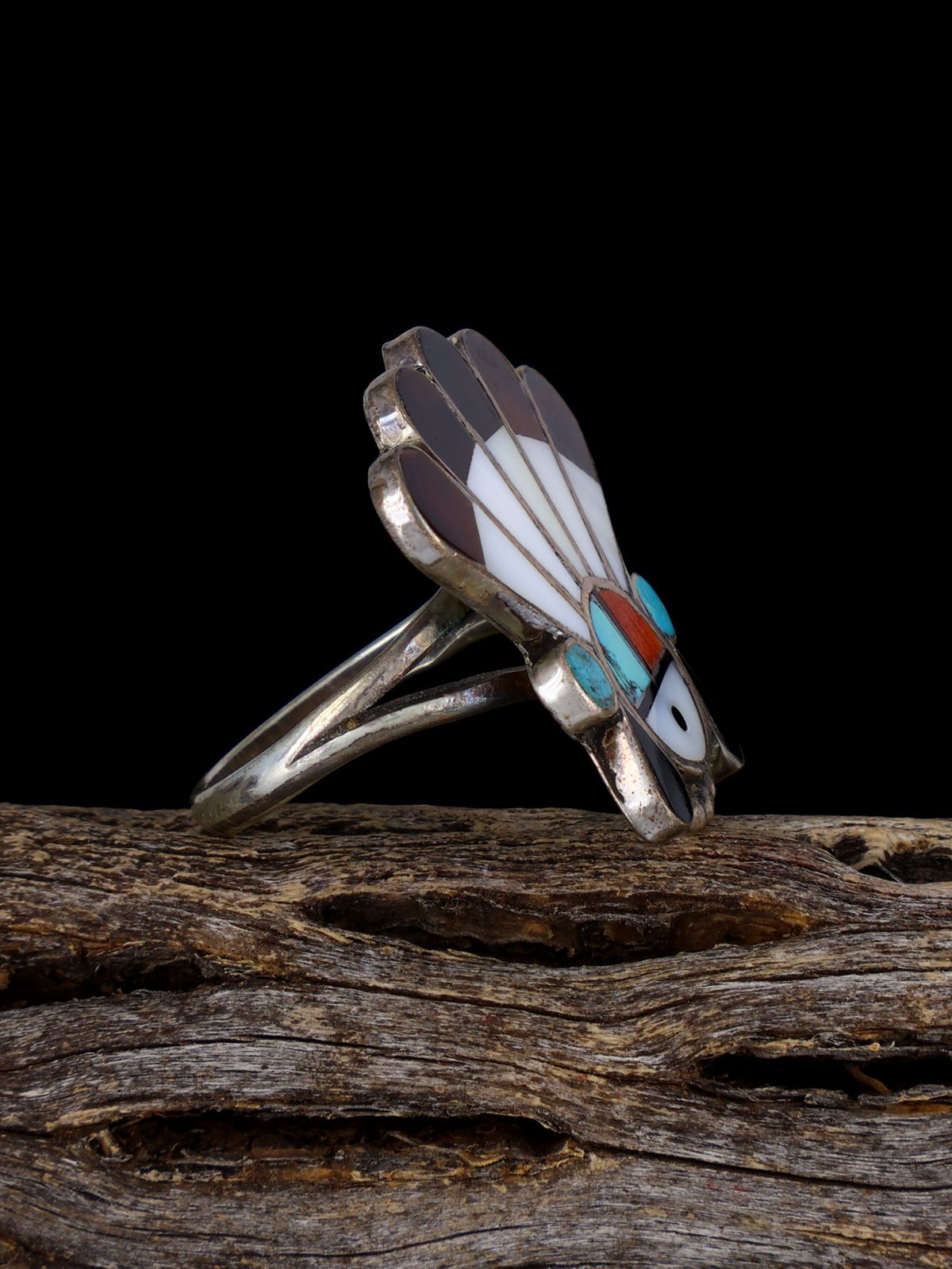 Old Estate Sterling Silver Sunface Zuni Inlay Ring, Size 7 1/4 - PuebloDirect.com