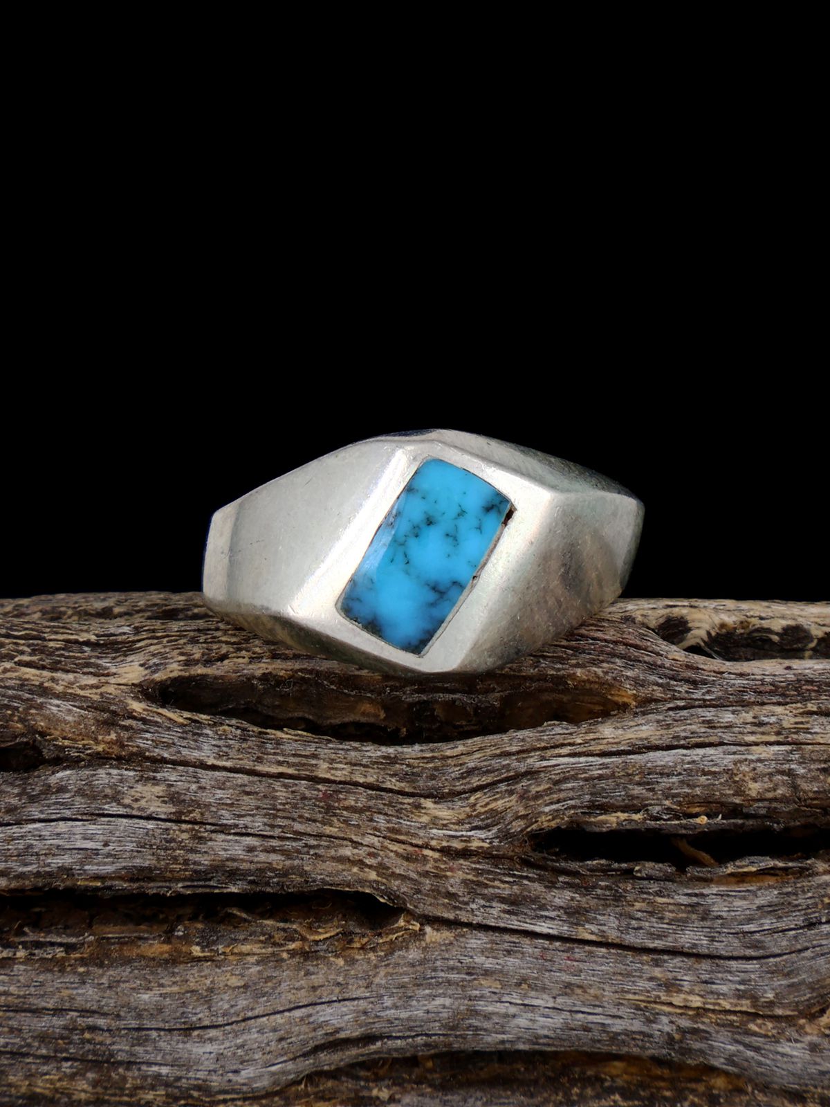 Old Sterling Silver Turquoise Inlay Ring, Size 7 3/4 - PuebloDirect.com
