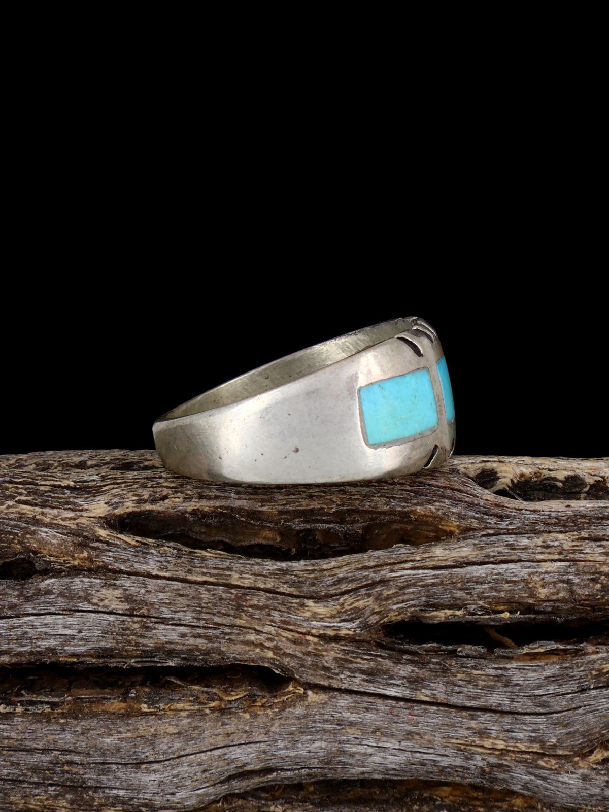 Old Sterling Silver Turquoise Inlay Ring, Size 6 1/4 - PuebloDirect.com