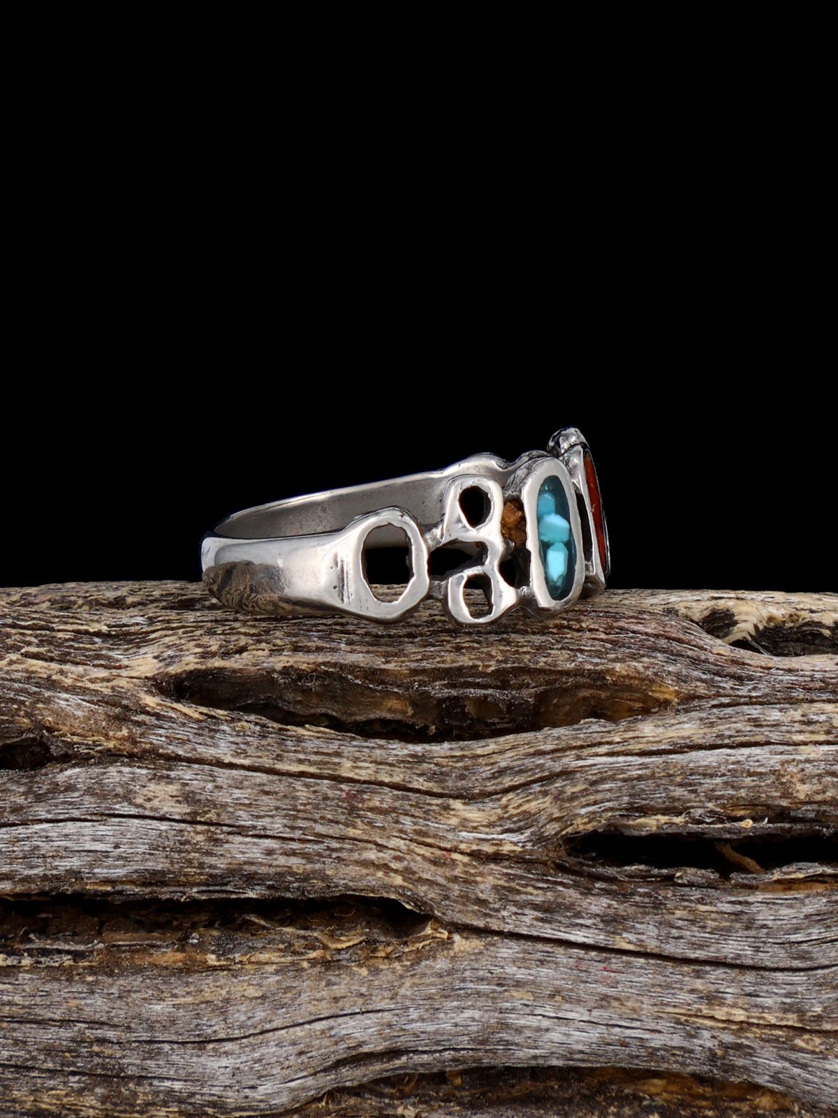 Old Sterling Silver Turquoise and Coral Chip Inlay Ring, Size 5 - PuebloDirect.com