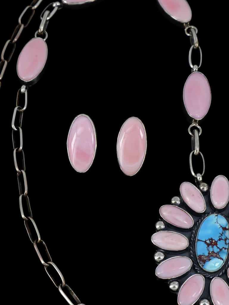 Navajo Jewelry Pink Conch and Golden Hill Turquoise Lariat Necklace Set - PuebloDirect.com