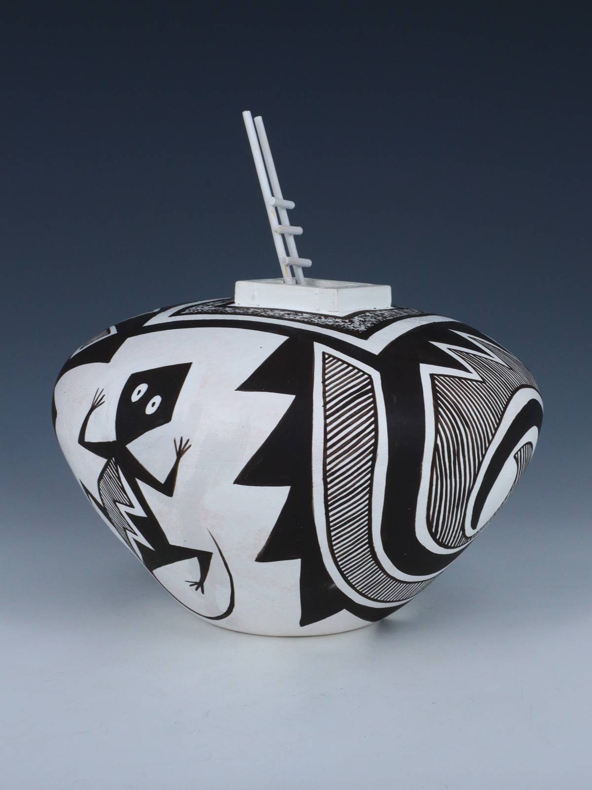 Acoma Style Painted Lizard Hand Coiled Pottery with Ladder - PuebloDirect.com