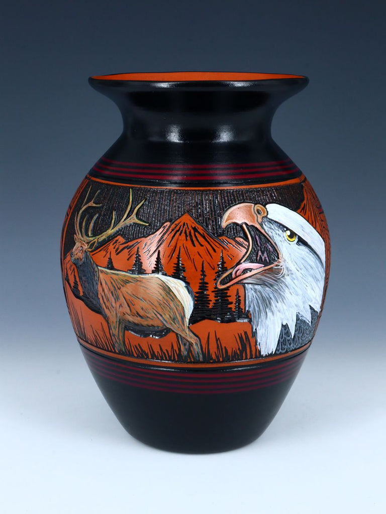 Navajo Eagle and Elk Hand Etched Pottery - PuebloDirect.com