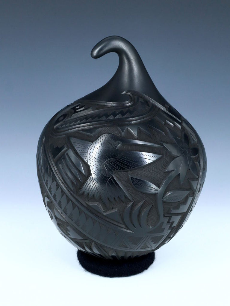Large Mata Ortiz Hand Coiled Black Carved Pottery Vase - PuebloDirect.com