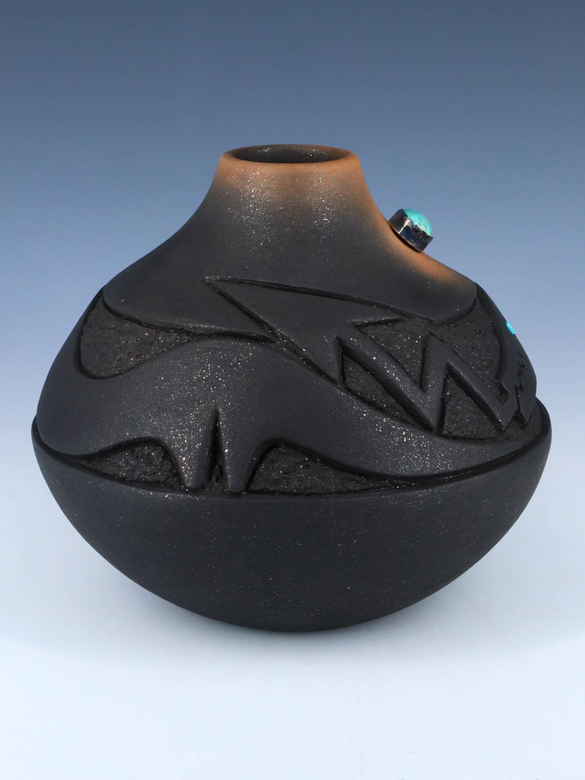 Vintage San Ildefonso Pueblo Incised Avanyu Black Clay Pottery