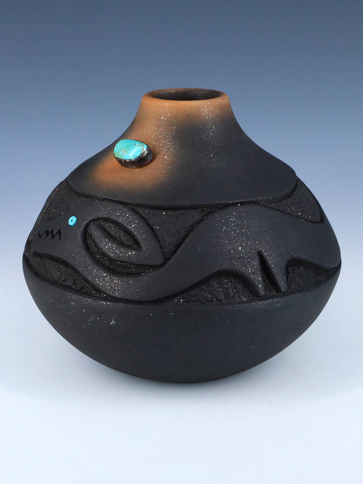 Vintage San Ildefonso Pueblo Incised Avanyu Black Clay Pottery