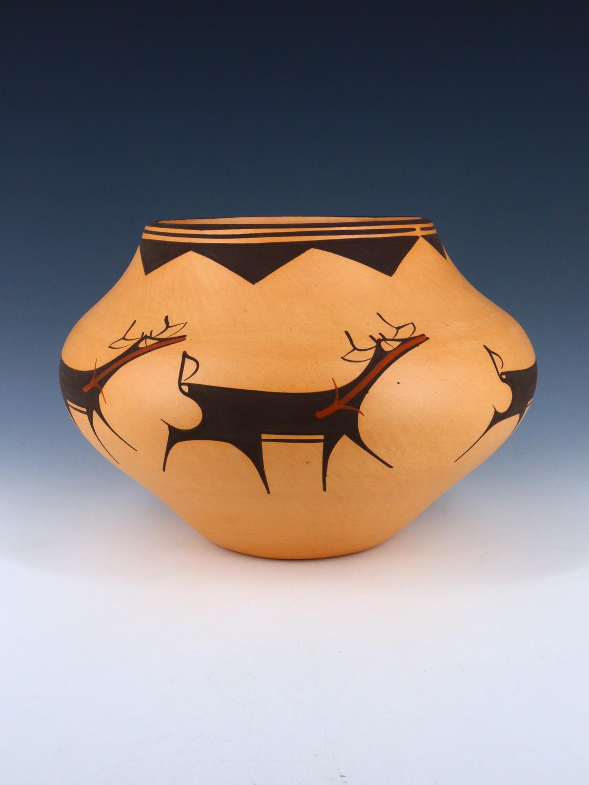 Hand Coiled Zuni Pueblo Deer Pottery Bowl