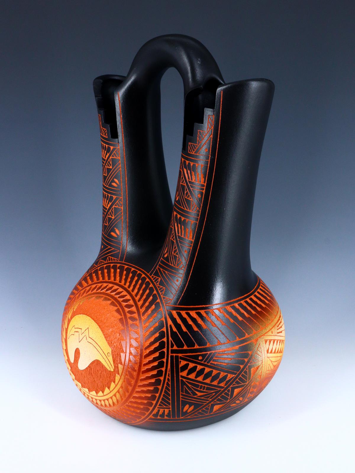 Large Laguna Pueblo Etched Bear Pottery Wedding Vase