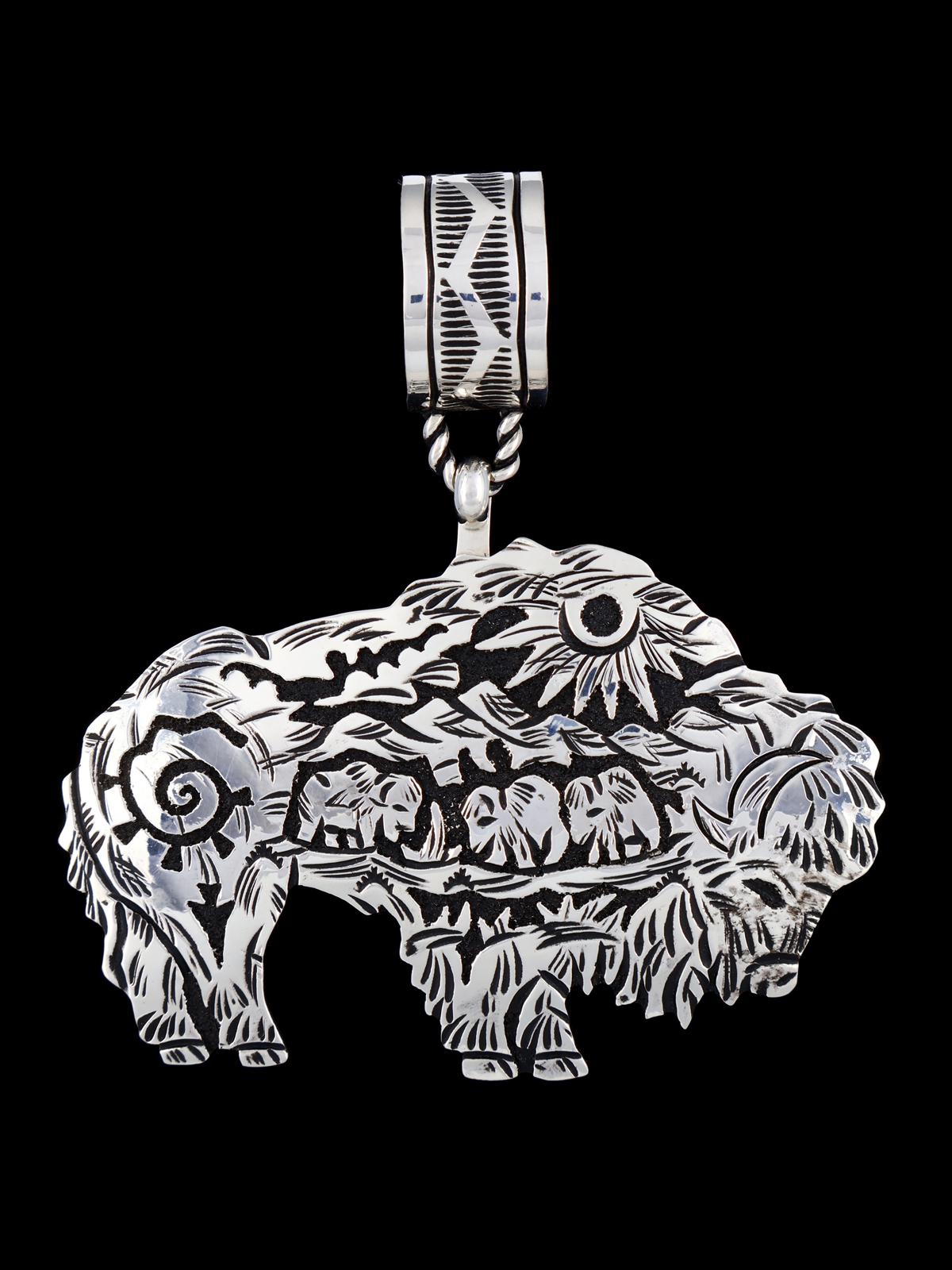 Large Native American Sterling Silver Overlay Bison Pendant