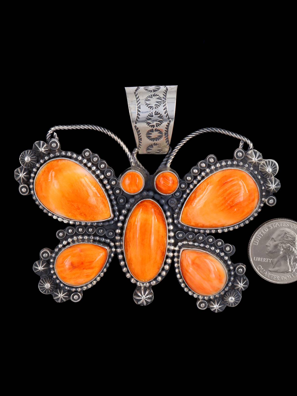 Native American Jewelry Orange Spiny Oyster Butterfly Pendant - PuebloDirect.com