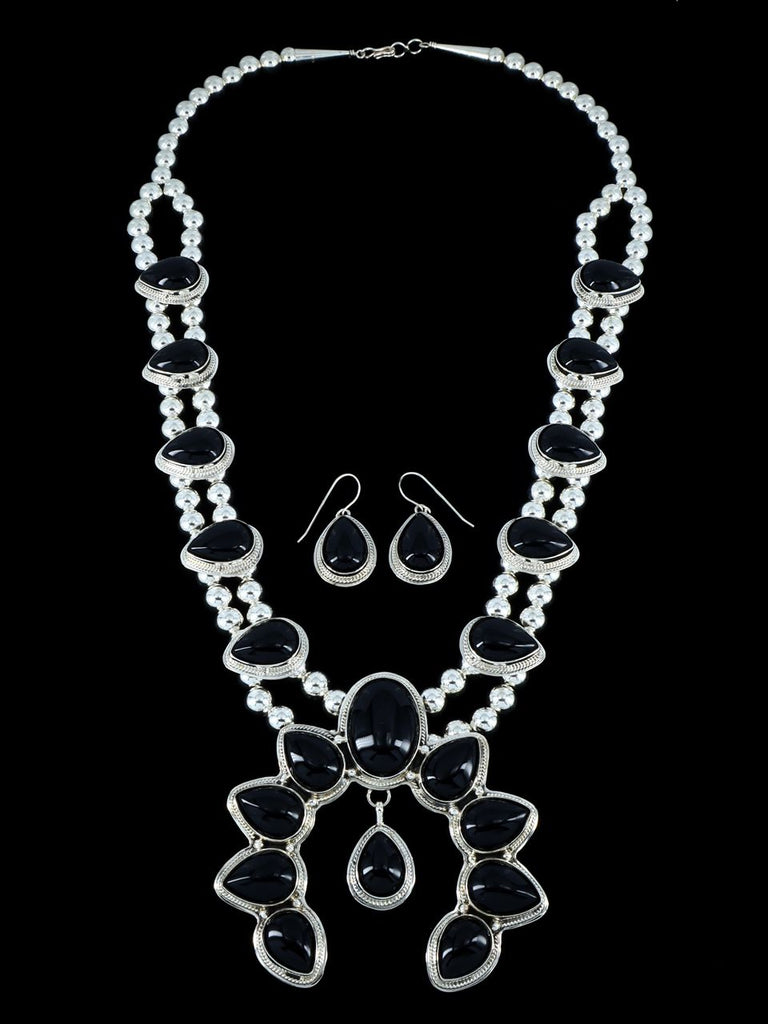 Native American Sterling Silver Black Onyx Squash Blossom Necklace Set - PuebloDirect.com