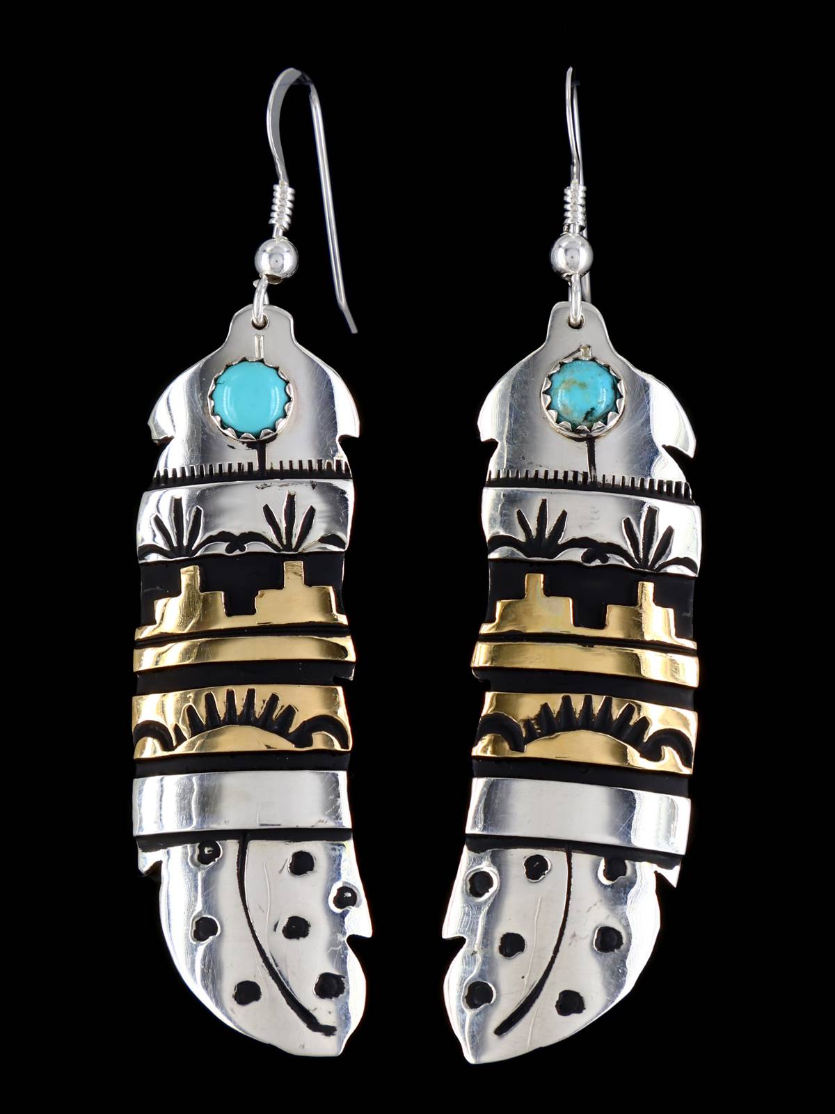 Boucles d’oreilles Navajo Overlay Sterling Silver et Gold Cross Dangle