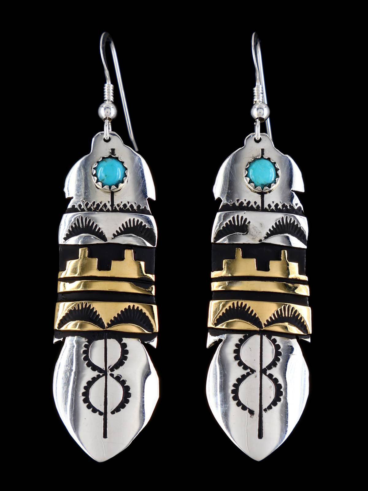 Pendientes colgantes con cruz de oro y plata de ley con superposición navajo