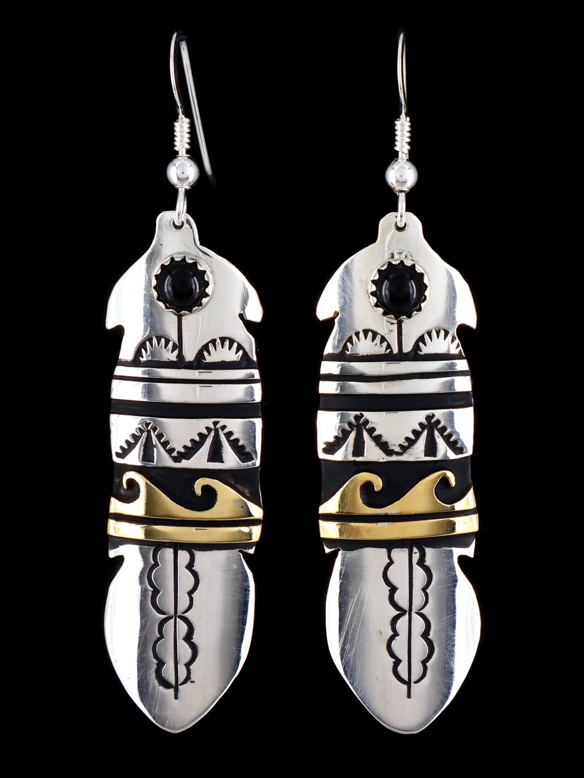 Navajo Overlay Sterling Silver and Gold Dangle Earrings