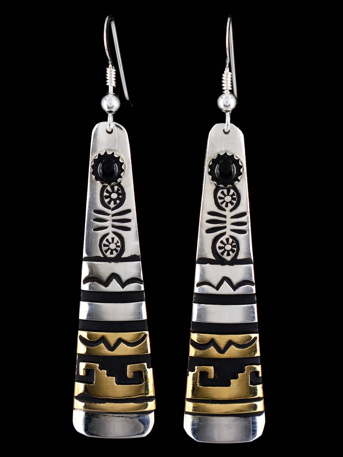 Navajo Overlay Sterling Silver and Gold Dangle Earrings