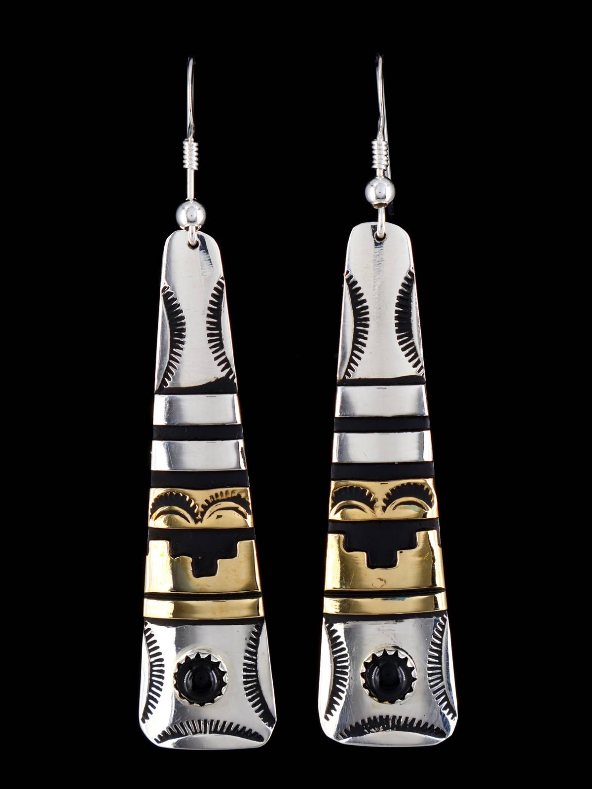 Navajo Overlay Sterling Silver and Gold Dangle Earrings