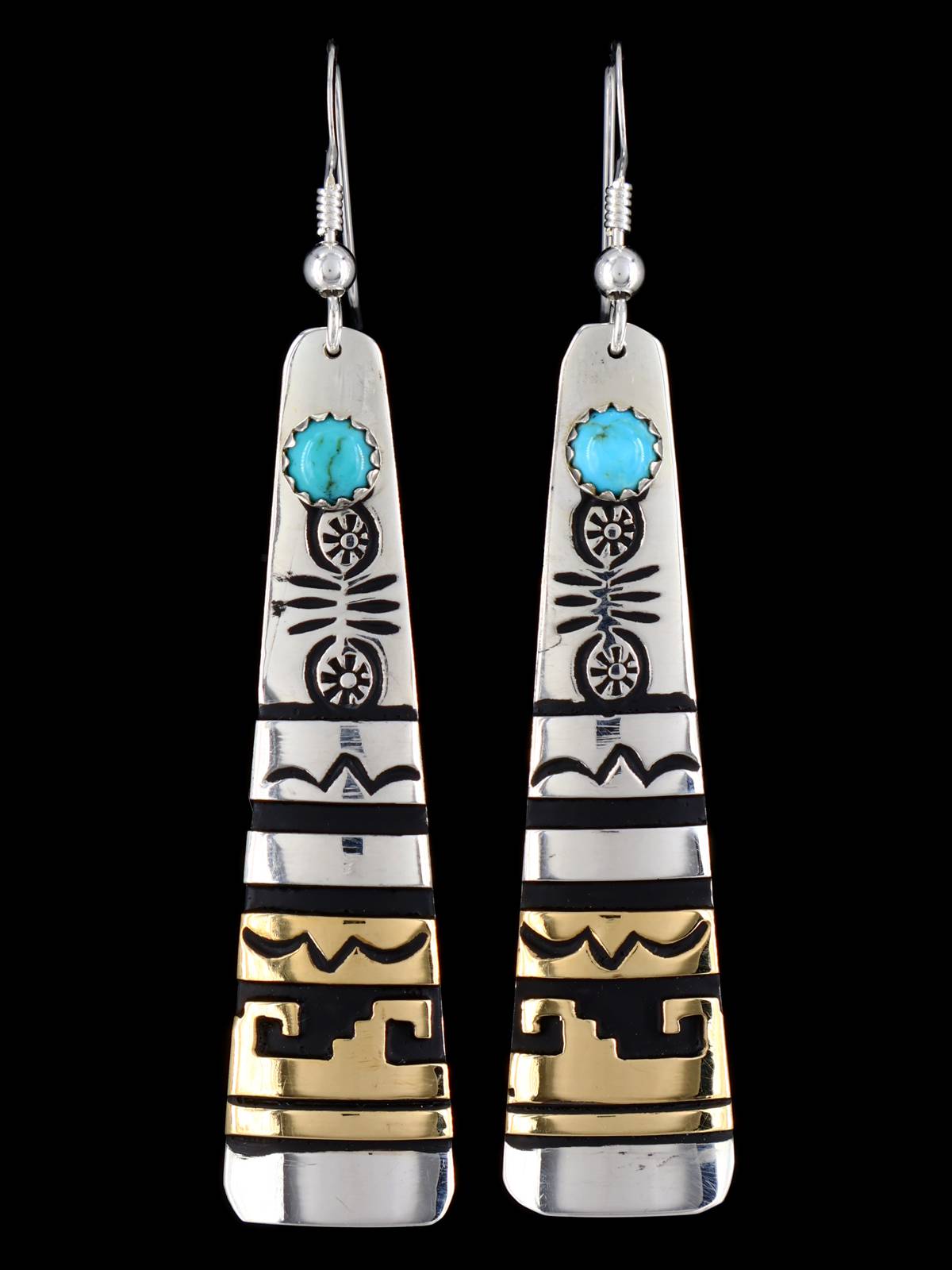 Navajo Overlay Sterling Silver and Gold Dangle Earrings