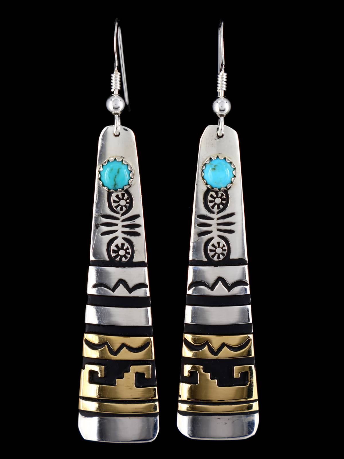 Navajo Overlay Sterling Silver and Gold Dangle Earrings