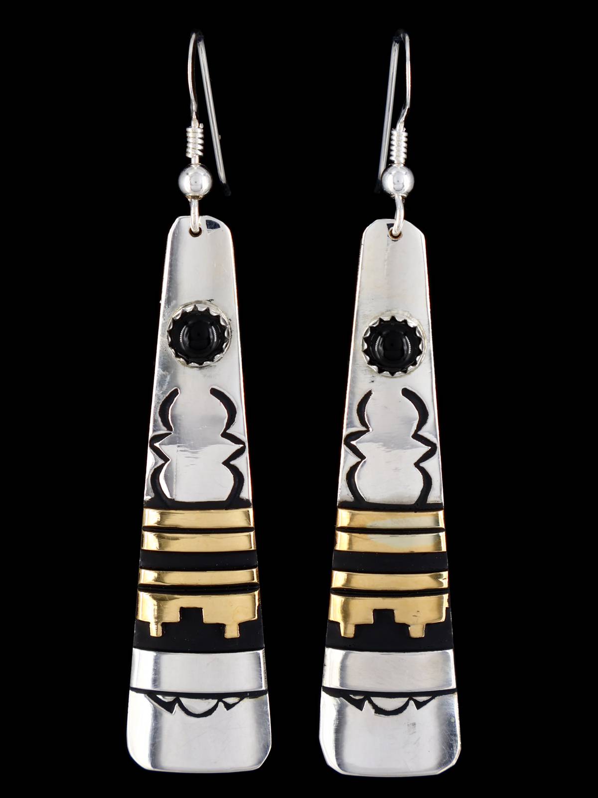 Navajo Overlay Sterling Silver and Gold Dangle Earrings