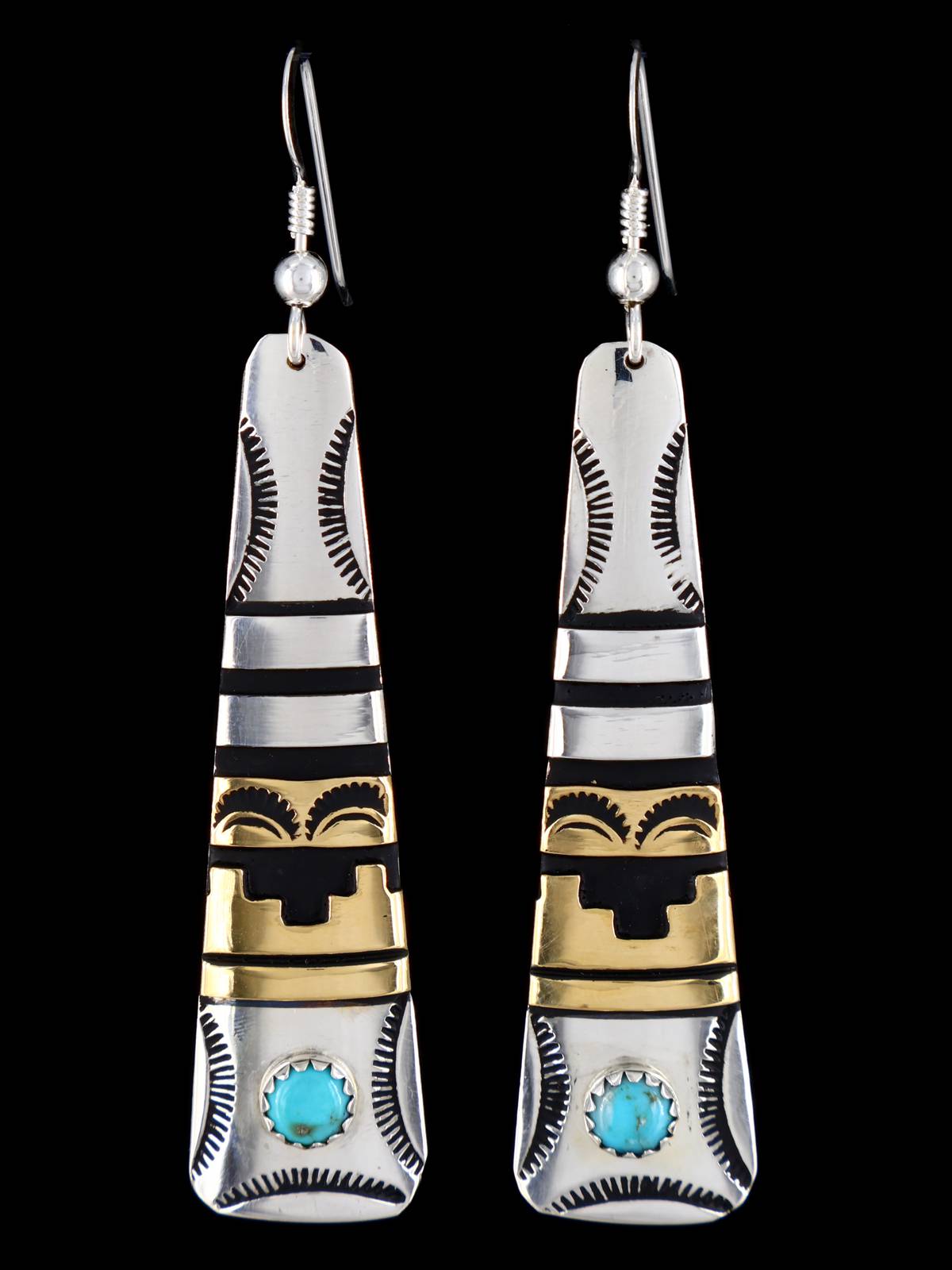 Navajo Overlay Sterling Silver and Gold Dangle Earrings