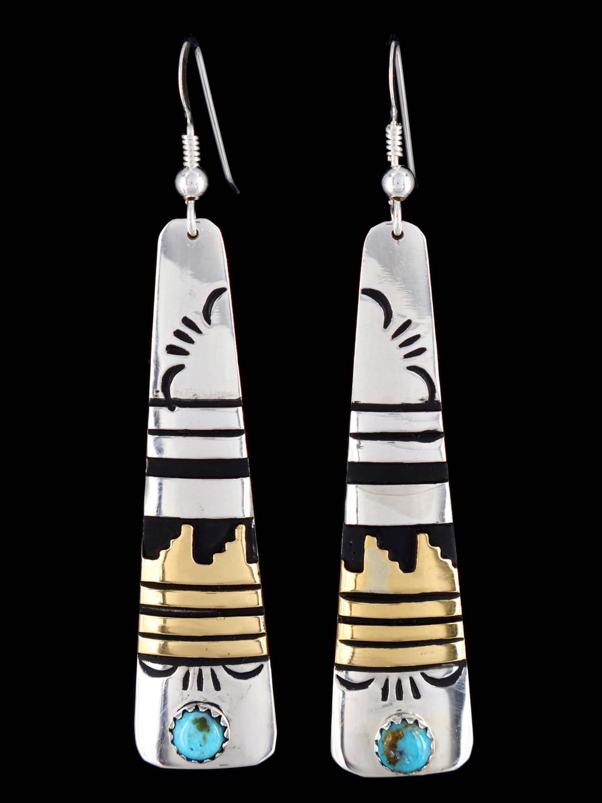 Navajo Overlay Sterling Silver and Gold Dangle Earrings