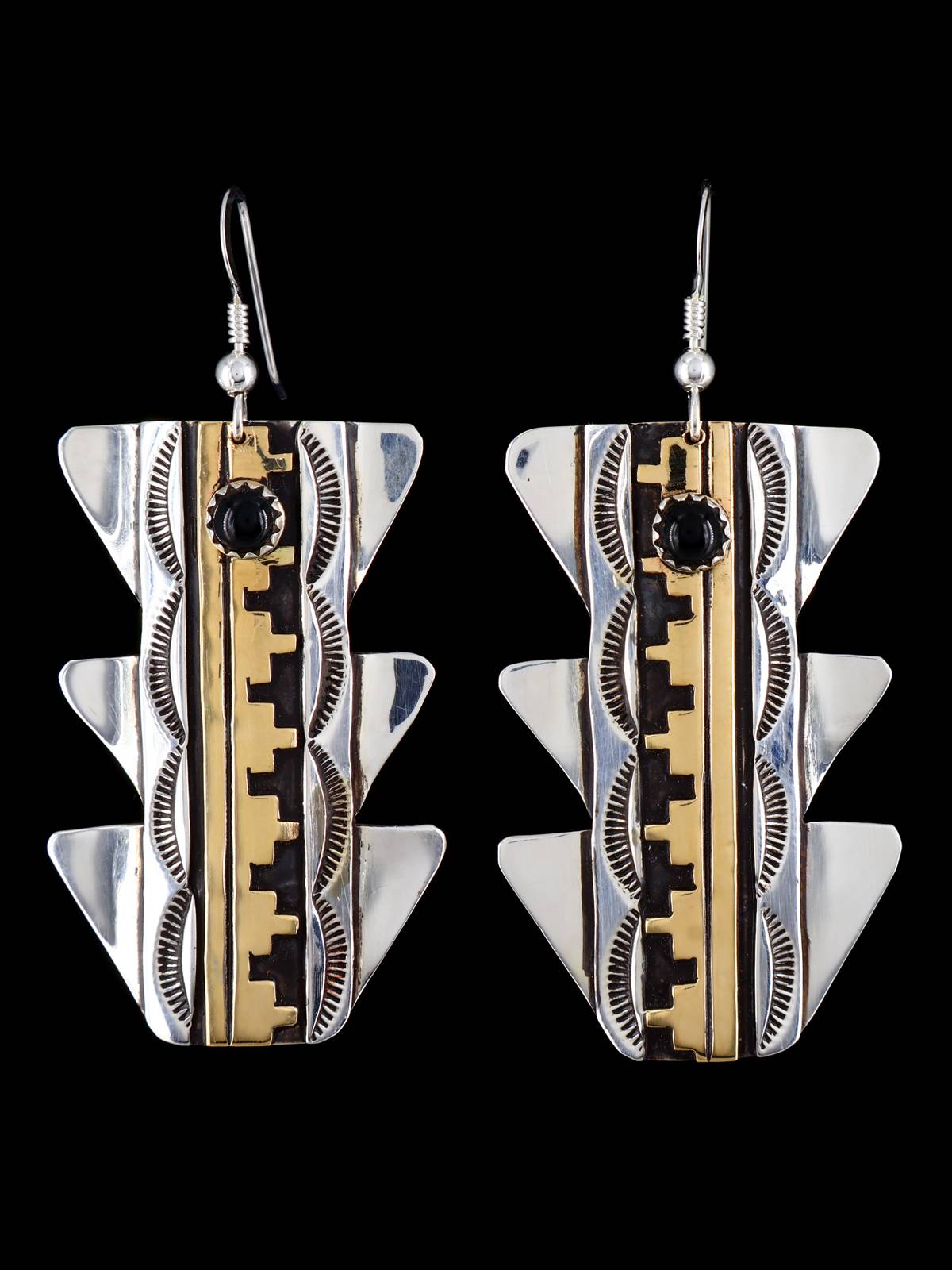 Navajo Overlay Sterling Silver and Gold Dangle Earrings