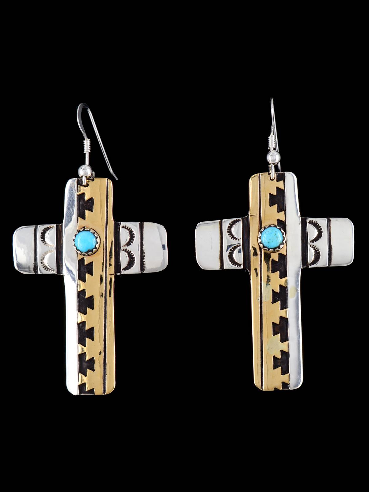 Navajo Overlay Sterling Silver and Gold Cross Dangle Earrings