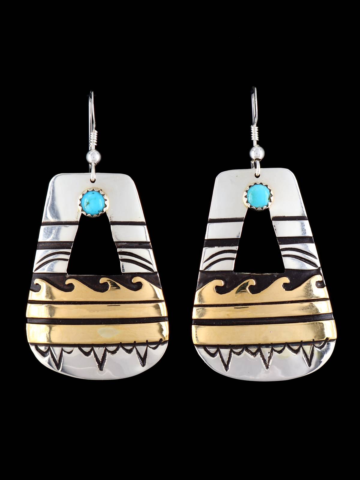 Navajo Overlay Sterling Silver and Gold Dangle Earrings