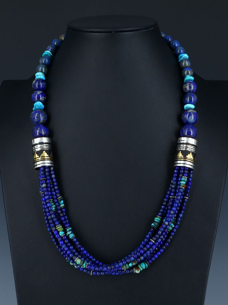 24" Navajo Lapis and Turquoise Multi Strand Beaded Necklace - PuebloDirect.com