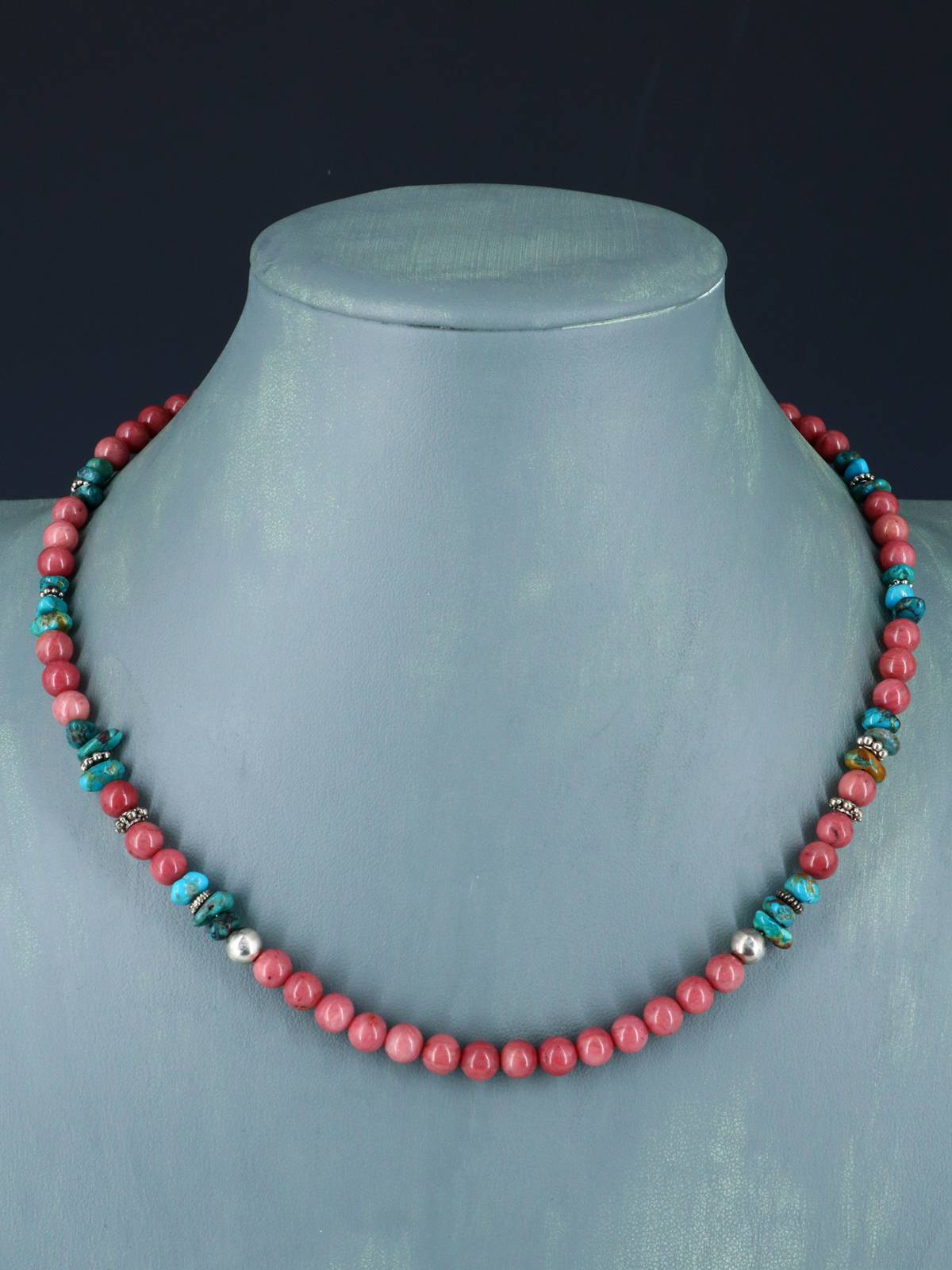 18" Navajo Single Strand Pink Marble and Turquoise Necklace