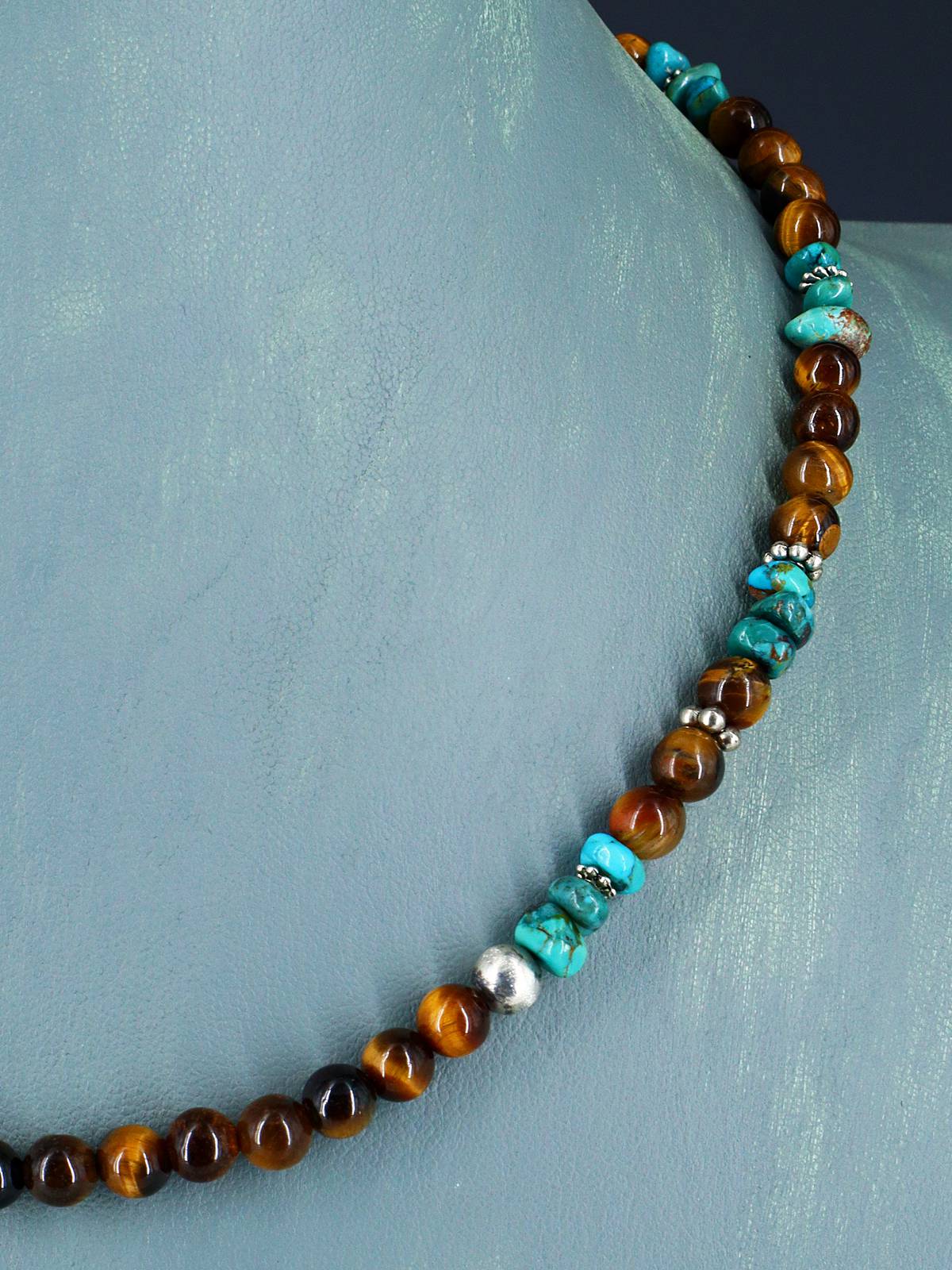 18" Navajo Single Strand Tiger Eye and Turquoise Necklace