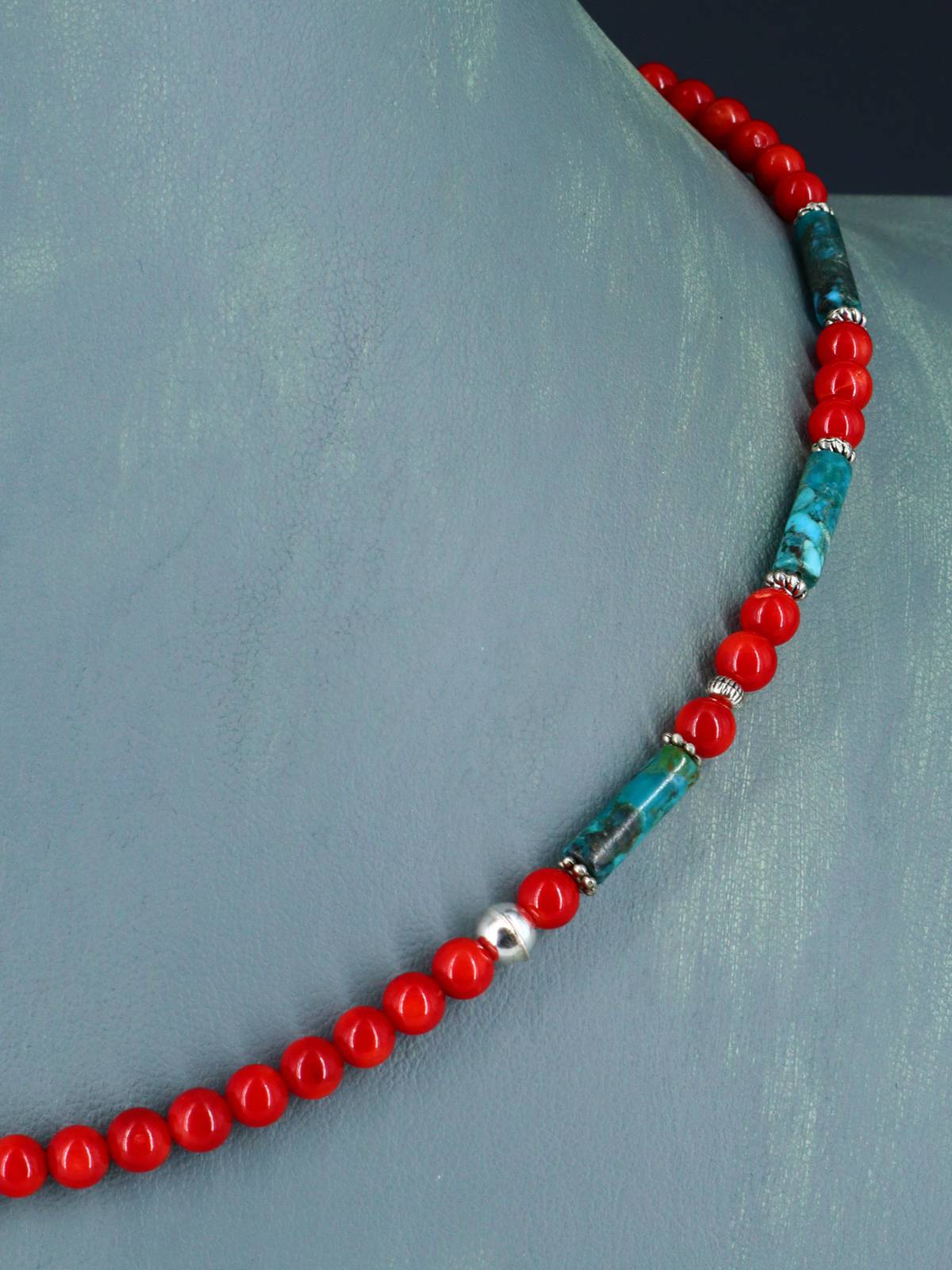 18" Navajo Single Strand Dyed Bamboo Coral and Turquoise Necklace