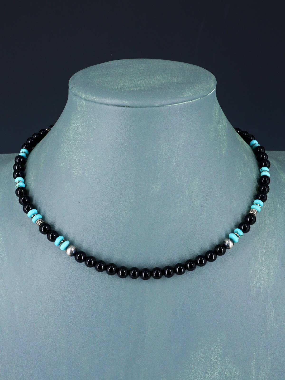 16" Navajo Single Strand Onyx and Turquoise Necklace