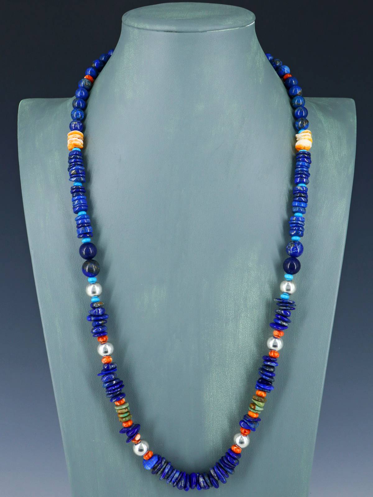 Lapis and Spiny Oyster Beaded Single Strand Necklace