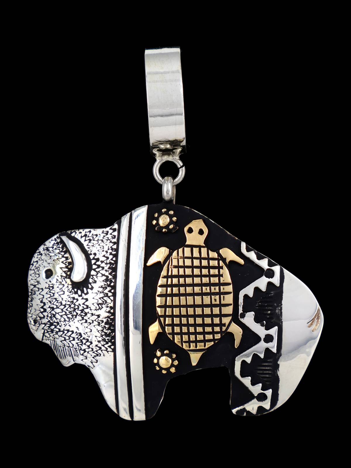 Native American Sterling Silver and Gold Overlay Buffalo Pendant