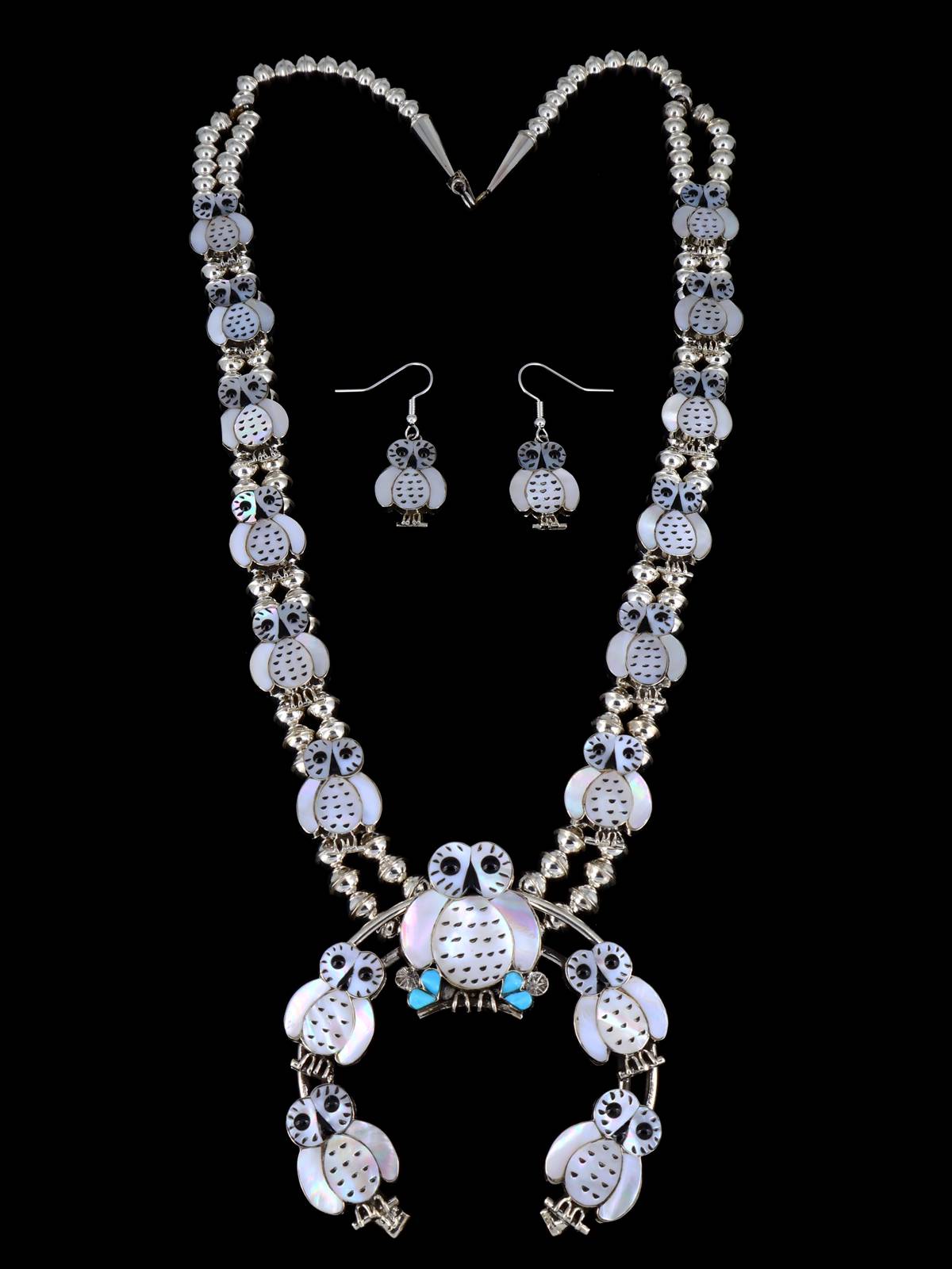 Zuni Mother of Pearl Owl Squash Blossom Necklace Set - PuebloDirect.com