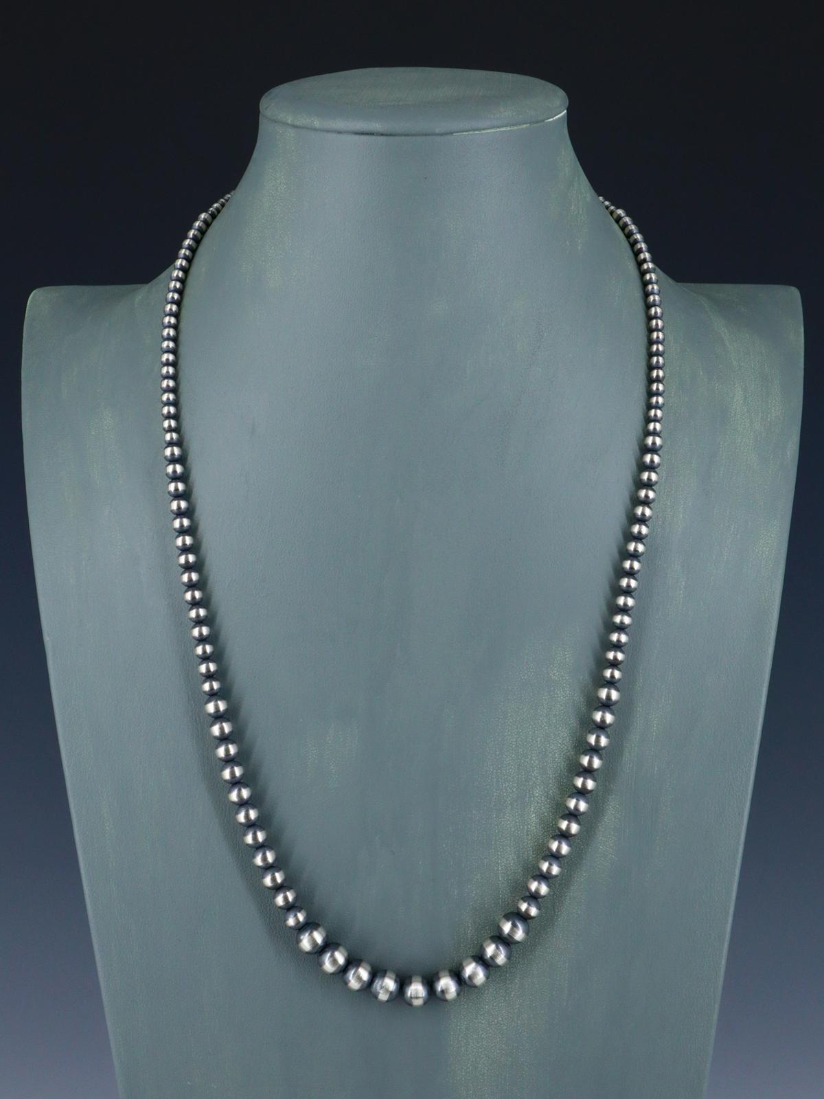 8mm Graduated Native American Sterling Silver Beaded Necklace, Multiple Lengths - PuebloDirect.com