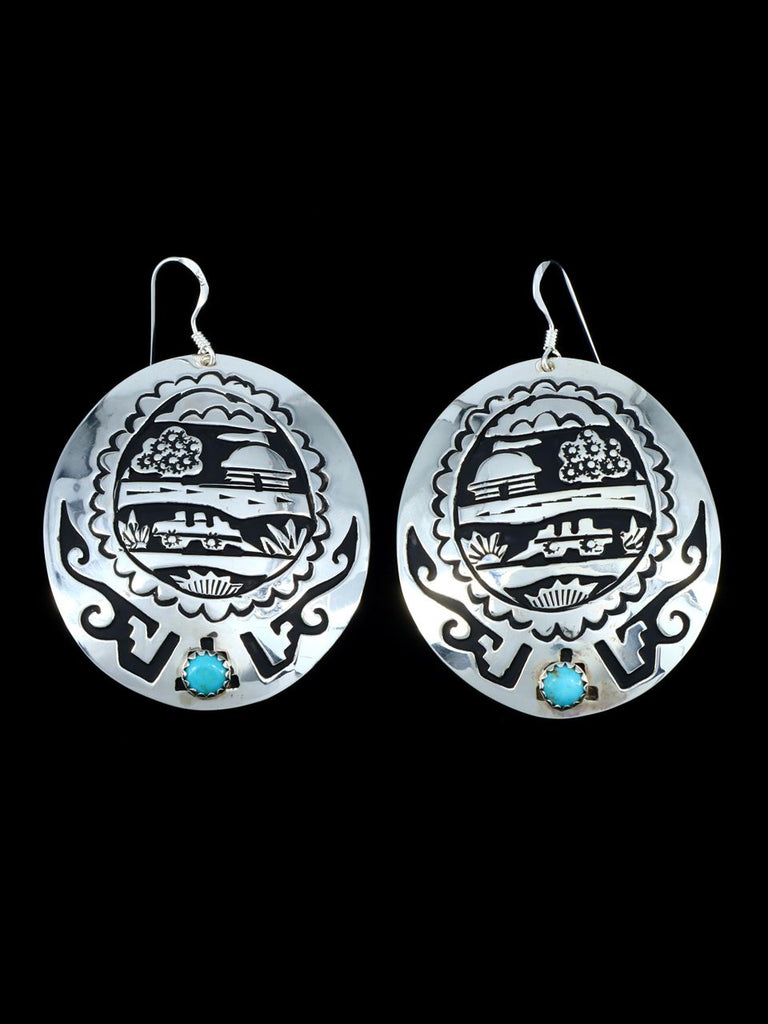 Navajo Turquoise Sterling Silver Overlay Storyteller Earrings - PuebloDirect.com